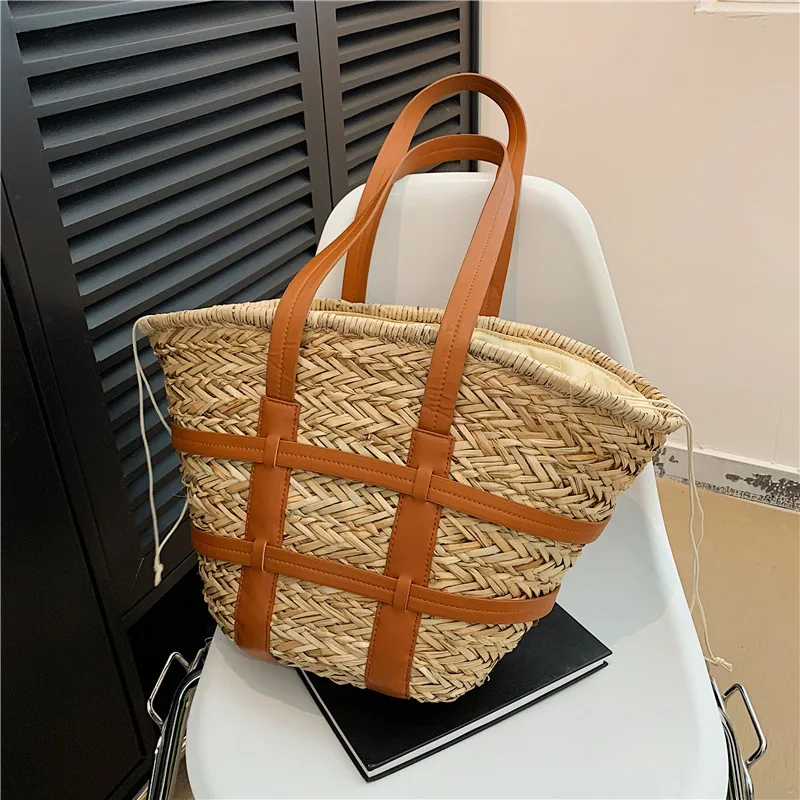 

Designer Straw Shoulder Bag For Women 2024 Summer Beach Bag Fashion Hand-Woven Handbag Large Capacity Basket Shopper Tote Bag