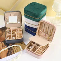 Velvet Jewelry Box For Women Geometric Sqaure Jewelry Storage Case Necklace Ring Earrings Travel Portable Zipper Boxes 1