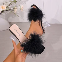 Sandales transparentes en fourrure pour femmes, grande taille, pantoufles à tête carrée, chaussures à talons hauts, confortables et polyvalentes, nouvelle collection 2025 5