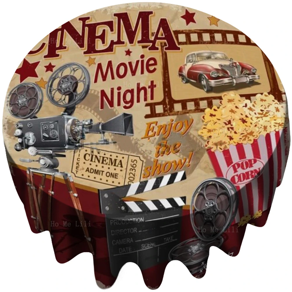 

Cinema Retro Poster Film Movie Night Entertainment Leisure Vintage Studio Fabric Round Tablecloth
