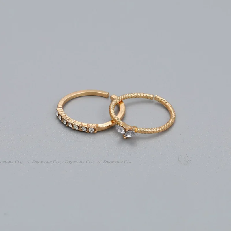 Gold Color Heart Zircon Rings Set for Women Girls Adjustable Minimalism Luxury Twist Ring Wedding Gifts 2pcs/set