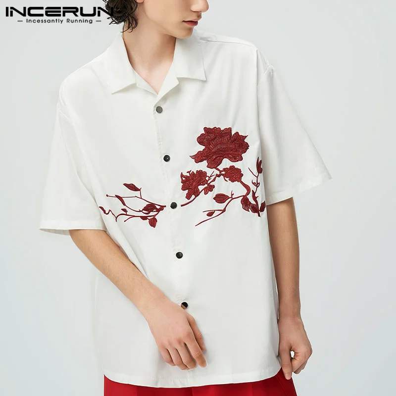 

Handsome Well Fitting Tops INCERUN Men Fashion Rose Embroidery Printed Shirts Casual Loose Lapel Short Sleeved Blouse S-5XL 2023