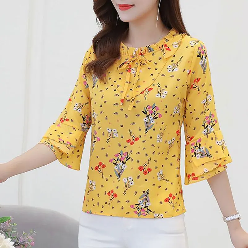 Fashion Broken Flower Printed Blouse Women's Clothing Ruffles Spliced Summer New Casual Half Sleeve Commute Drawstring Bow Shirt