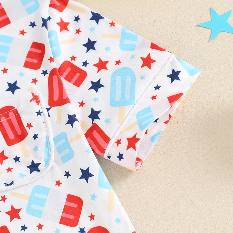 Toddler Boys Girls 4th of July Pajamas Set, Star Print Short Sleeve Button Down Tops Elastic Waist Shorts Summer Lounge Outfit