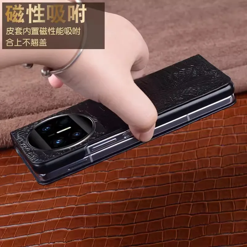 Original Genuine Leather Magnetic Flip Phone Case for Huawei Mate X3 MateX3 Business Crocodile Alligator Grids Grain Full Cover