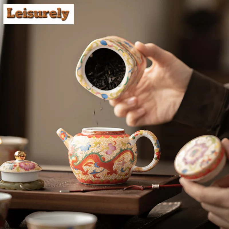 Color Enamel Auspicious Dragon Peony Teaset Complete Set Traditional Tea Ceremony Set Teapot And Tea Cup Set Chinese Teaset Gift