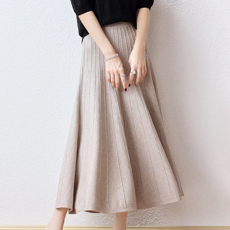 

Fine Imitation Wool Pleated Elastic High Waist A-line Loose Women's Skirt Korean Fashion Mid-Calf Long Skirts For Women Winter