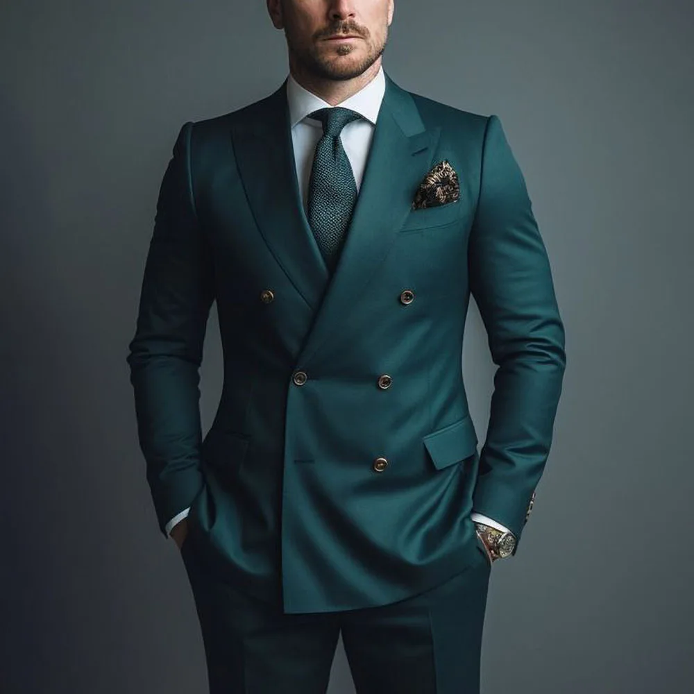 Men Suits 2 Piece Elegant Peak Lapel Double Breasted Outfits Business Casual Formal Wedding Groom Tuxedo Slim (Blazer+Pants) 2