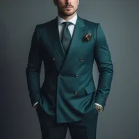 Men Suits 2 Piece Elegant Peak Lapel Double Breasted Outfits Business Casual Formal Wedding Groom Tuxedo Slim (Blazer+Pants) 2