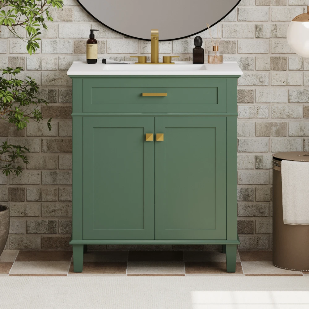 30-inch bathroom vanity with ceramic basin, soft close door and adjustable shelves
