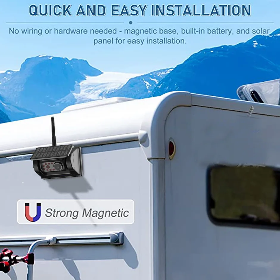 Wireless Solar Powered Energy Magnet Reverse Backup Camera AHD 7" Rear View DVR Recording Monitor for Camper Truck Trailer