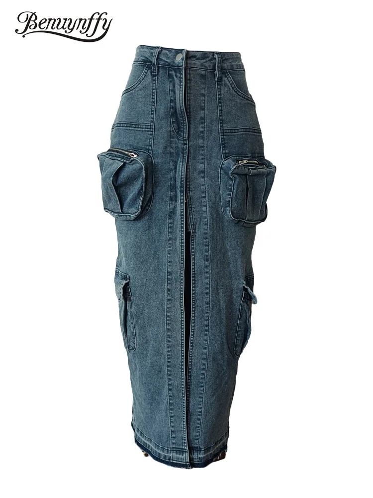 

Benuynffy Streetwear Multiple Pocket Zip Fly Cargo Long Skirts Women Y2k Vintage Loose High Split Frayed Hem Denim Maxi Skirt