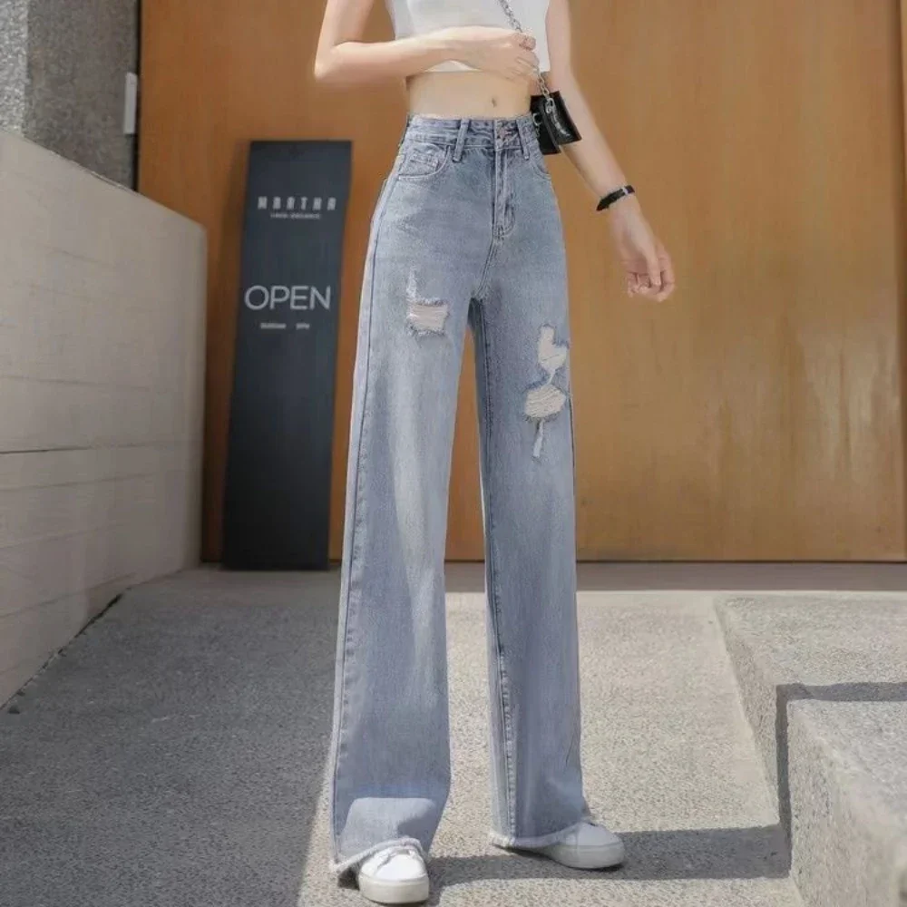 

Pants for Woman with Holes Blue Women's Jeans Torn Ripped High Waist Shot Trousers Straight Leg Pockets Stretch Pant Hippie Emo