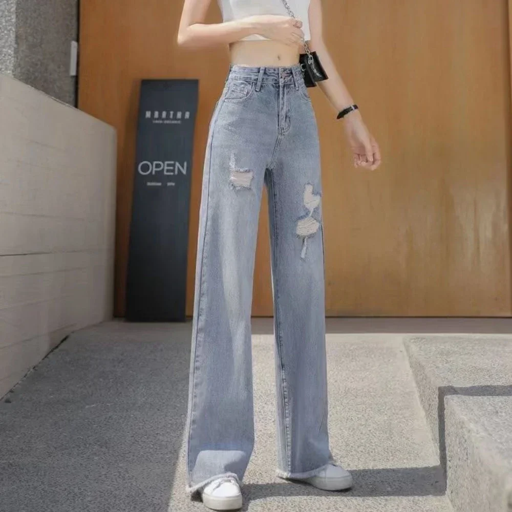 Pants for Woman with Holes Blue Women\'s Jeans Torn Ripped High Waist Shot Trousers Straight Leg Pockets Stretch Pant Hippie Emo