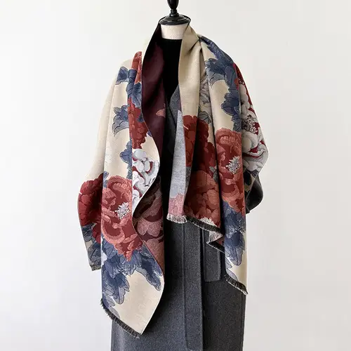 Fashion Peony Flower Print Shawl Women Imitation Cashmere Warm Scarf Autumn Winter Double Sided Ladies Pashmina Cape Cloak - Image 4