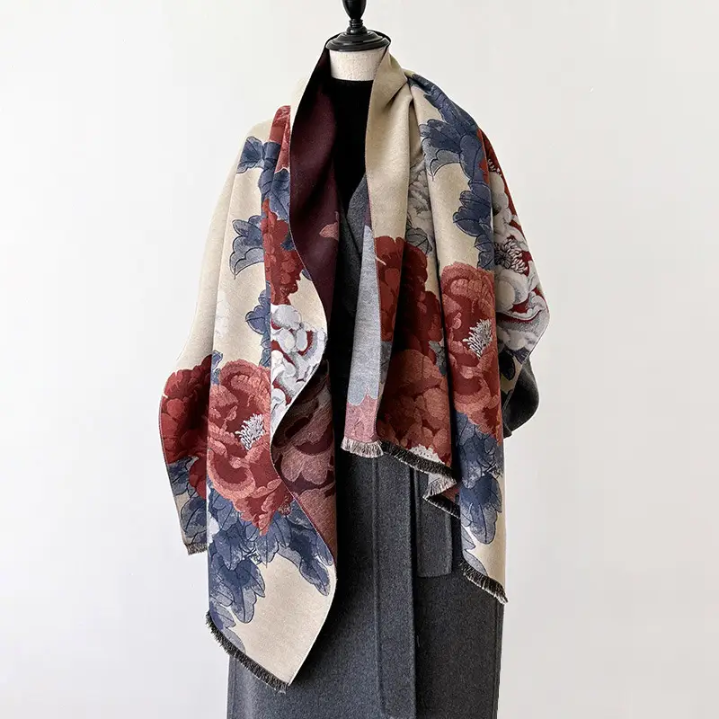 Fashion Peony Flower Print Shawl Women Imitation Cashmere Warm Scarf Autumn Winter Double Sided Ladies Pashmina Cape Cloak - Image 4