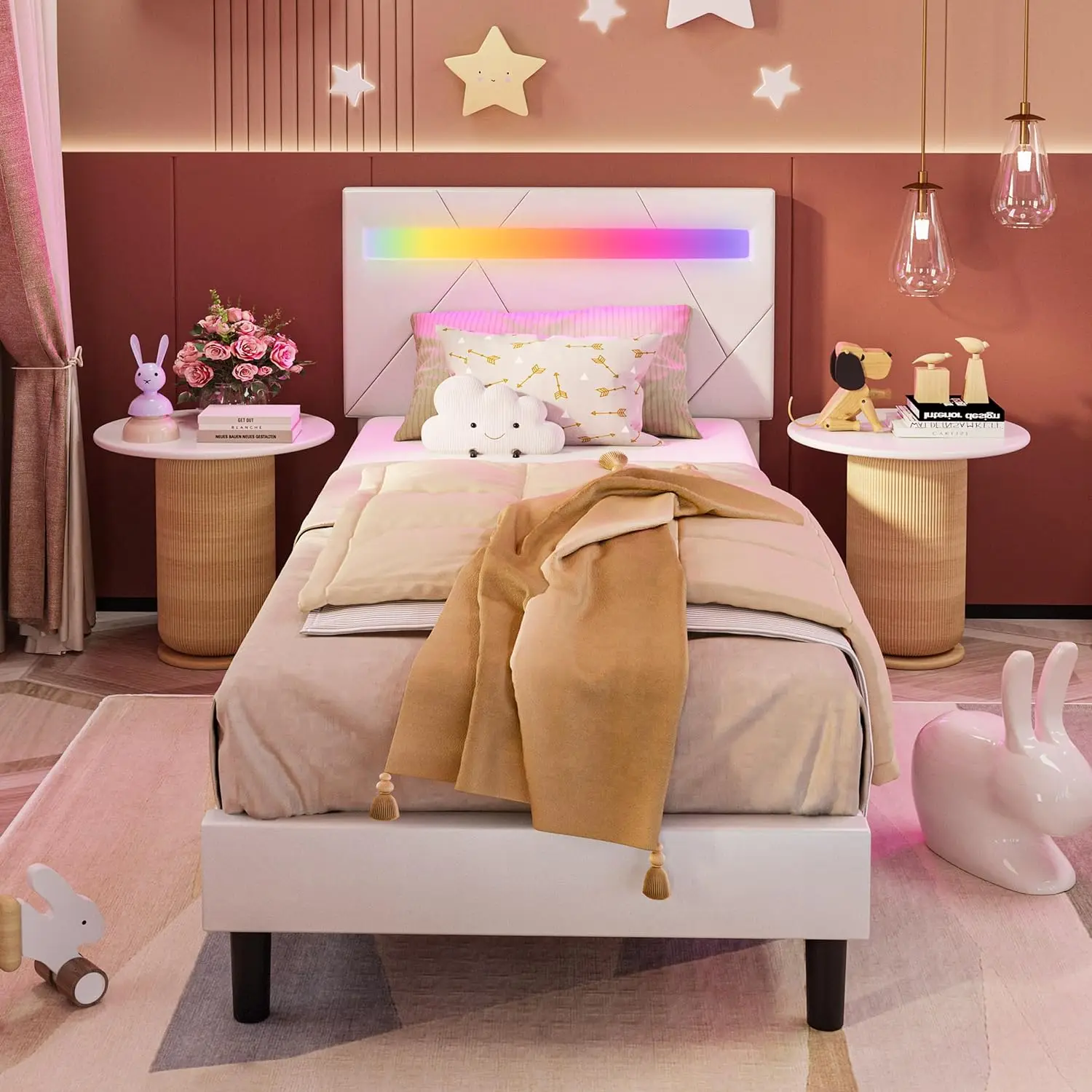 

Twin Bed Frame with LED Lights(Smart APP Control), PU Leather Upholstered Platform Bed with Headboard, No Box Spring Needed