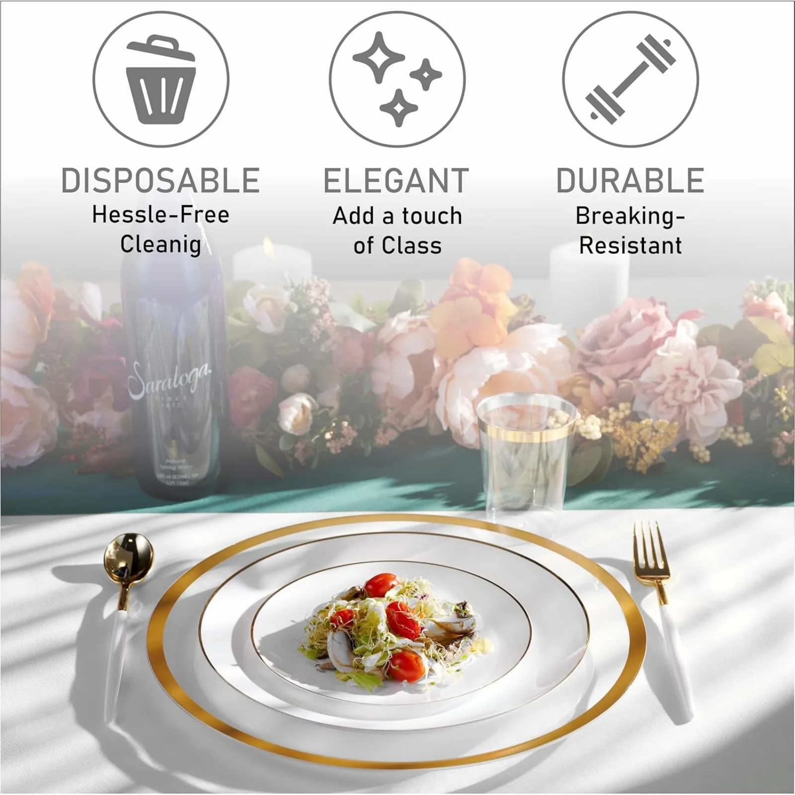 US 100 PCS Disposable Plastic White Plates Combo 50 7.5 In. Gold Rim Appetizer/Dessert Plastic Plates And 50 10 In. Gold Rim