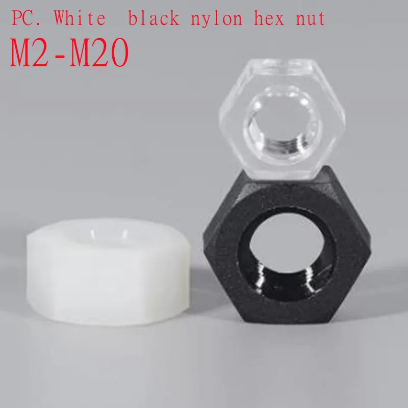 White Nylon Hex Full Nuts - Metric Sizes M4 M5 M6 M8 M10 M12 M16, DIN 934 Standard, Plastic Fasteners