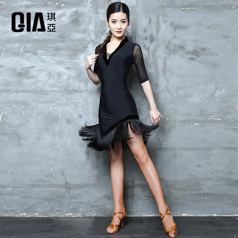 

Female Latin Dance Performance Costume Mid-sleeved V-neck Dress with Fringed Skirt for Women Latin Competition Dance Wear L22255