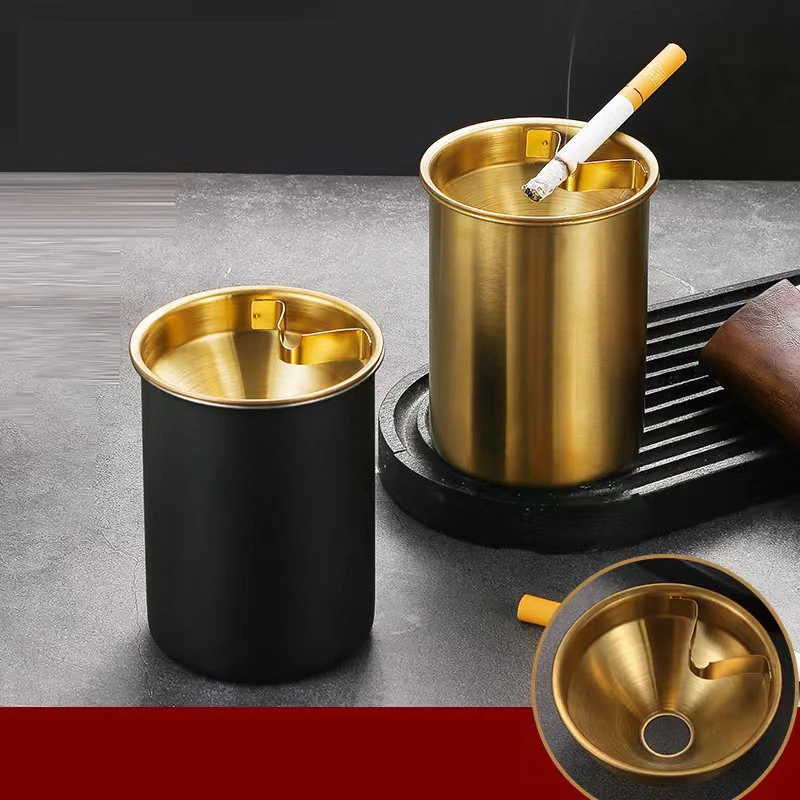 Stainless Steel Ashtray With Lid Round Windproof Smokeless Cigar Patio Indoor