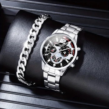 2Pcs Hot Selling Fashion Light Luxury Stainless Steel Commuter Unisex Quartz Watch Bracelet Set, Ideal for Holiday Gifts