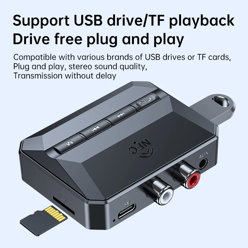 Bluetooth 5.3 Audio Receiver NFC HIFI Stereo Lossless Music Wireless Adapter 3.5mm AUX RCA R/L USB U-Disk/TF Card Play With Mic