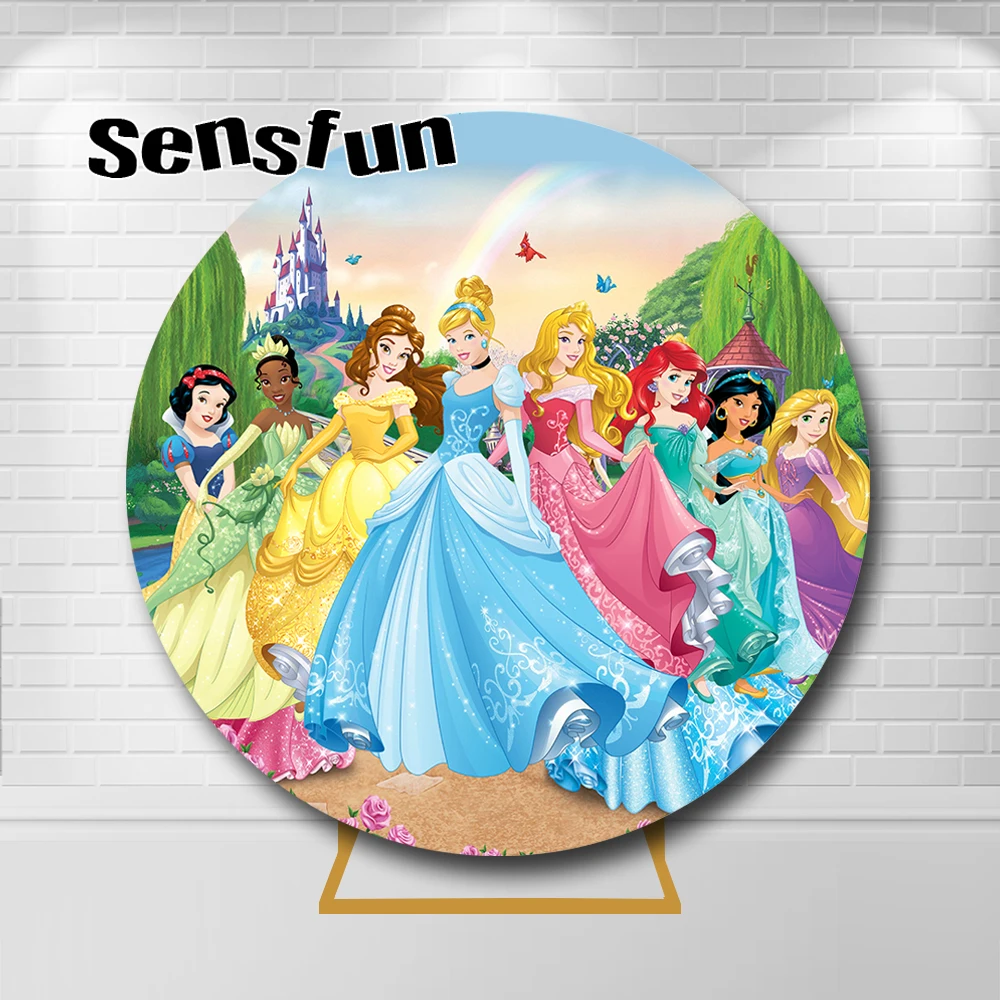 

Fairy Castle Disney Princess Round Backdrop Cover for Girls Birthday Party Baby Shower Cirlce Background Photography Banner
