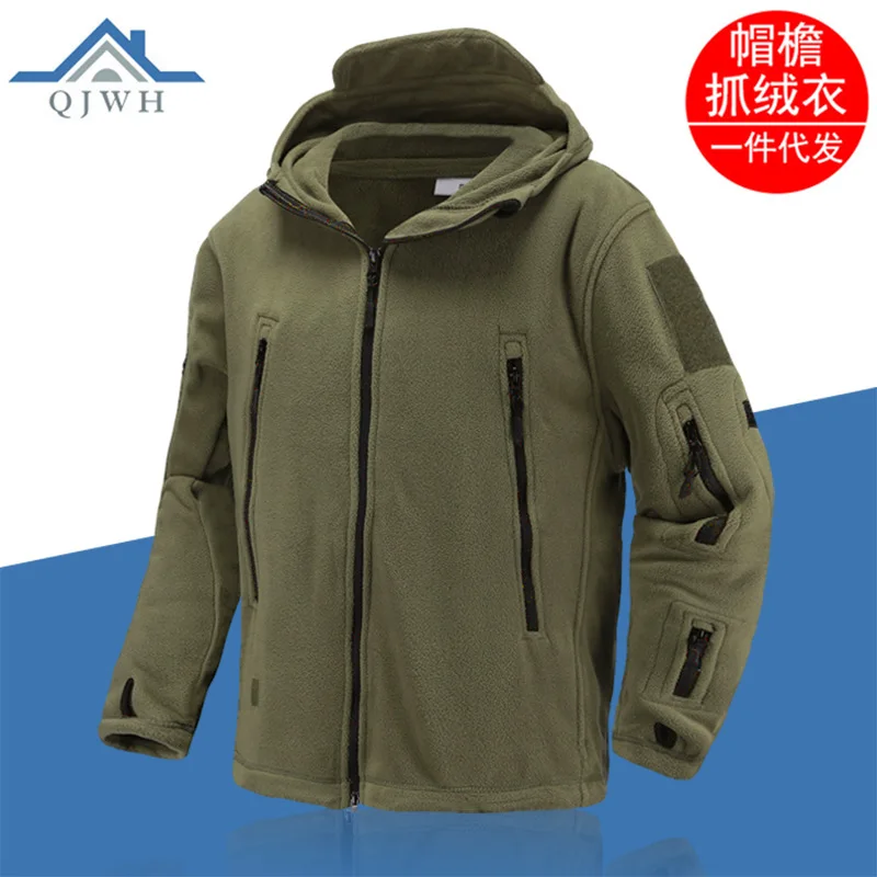 

Hot 2023 Outdoor Winter Warm Thermal Sharkskin Splicing Cloth Polar Fleece Breathable Hooded Camping Hunting Training Jacket Men