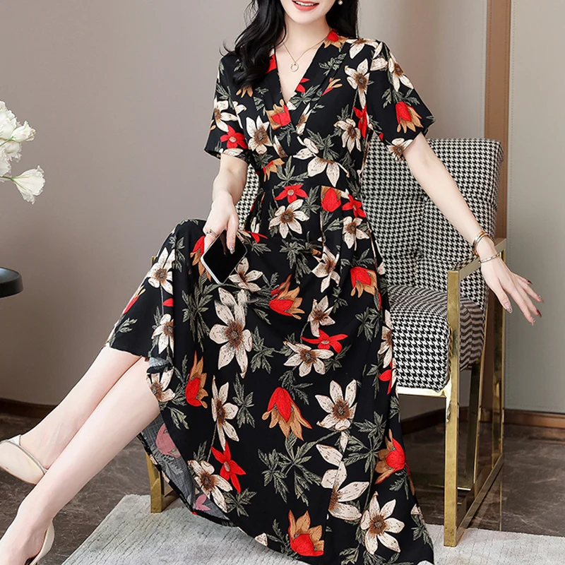 새로운 여성 Wummer 드레스 캐주얼 프린트 빈티지 반팔 플러스 사이즈 여성 의류 vestidos verano 2023 robe femme ete