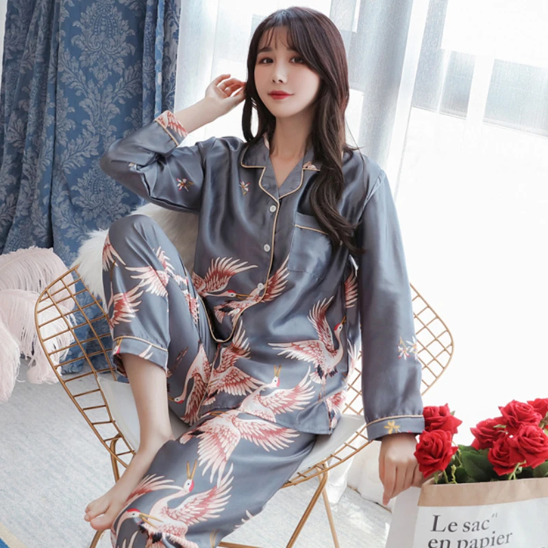S-5XL oversize Womens Pajama Sets Imitation Silk Women Long Sleeve Trousers Pyjamas Silk satin Pajamas Sleepwear Sleepshirts