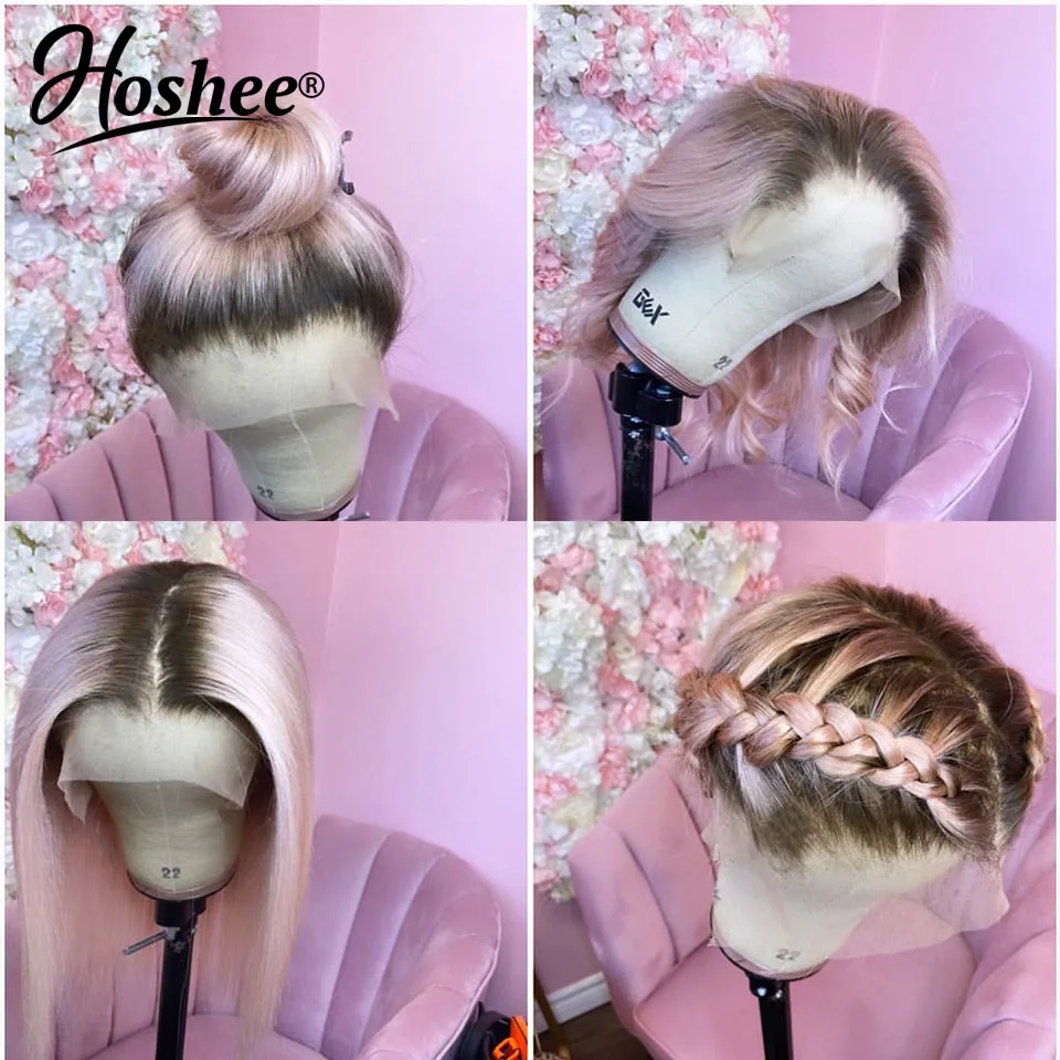 Ombre Light Pink Short Bob Wigs Human Hair For Women 13X4 Lace Frontal Bob Wigs Colored Part Lace Pre-Plucked