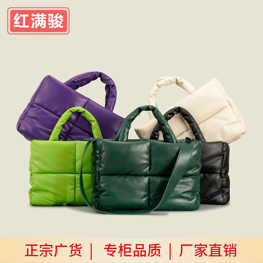

Square Plaid Down Handbag Filled Cotton Dress Women's Bag Simple Small Plaid Soft Autumn/Winter One Shoulder Tote Bag