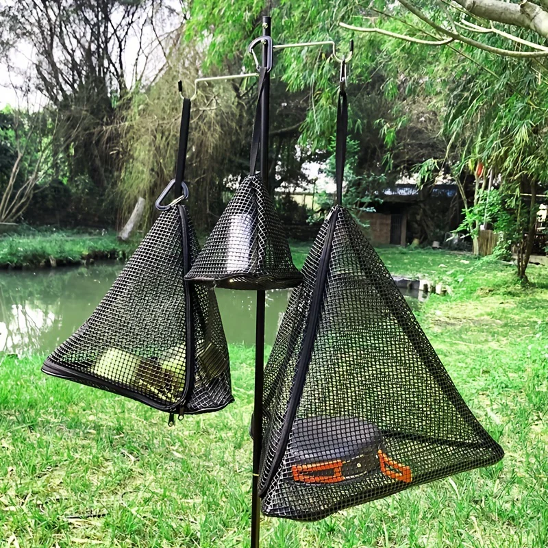 Portable dry mesh bag with hook outdoor camping home picnic folding triangle hanging storage bag PVC breathable mesh basket