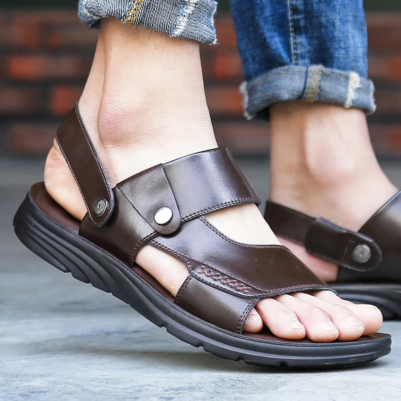 Men's Leather Sandals Summer Beach Outdoor Slippers