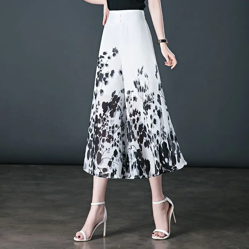Fashion Printed Elastic High Waist Elegant Floral Wide Leg Pants Women's Clothing 2024 Summer New Loose Office Lady Capri Pants