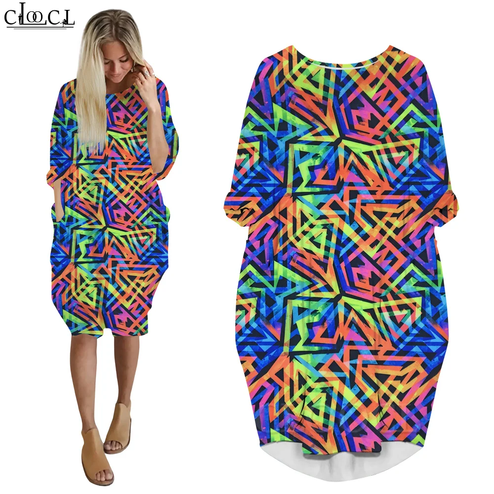 

CLOOCL Dresses Women Loose Fit Long Sleeve Dresses Fashion Female Clothing Fantasy Colorful Abstract Maze Dresses Spring Autumn
