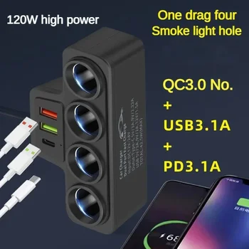 12V/24V Car Cigarette Lighter Adapter New 4-Socket 3.1A Charger Charger USB Car USB+QC3.0+PD3.1A Accessories Port USB 120W