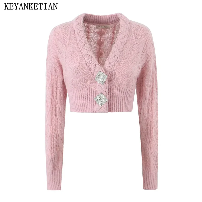 

KEYANKETIAN Shiny Artificial Gem Button Decorated Women's Knitted Cardigan Autumn Winter New Sweet Short V-Neck Twist Sweater