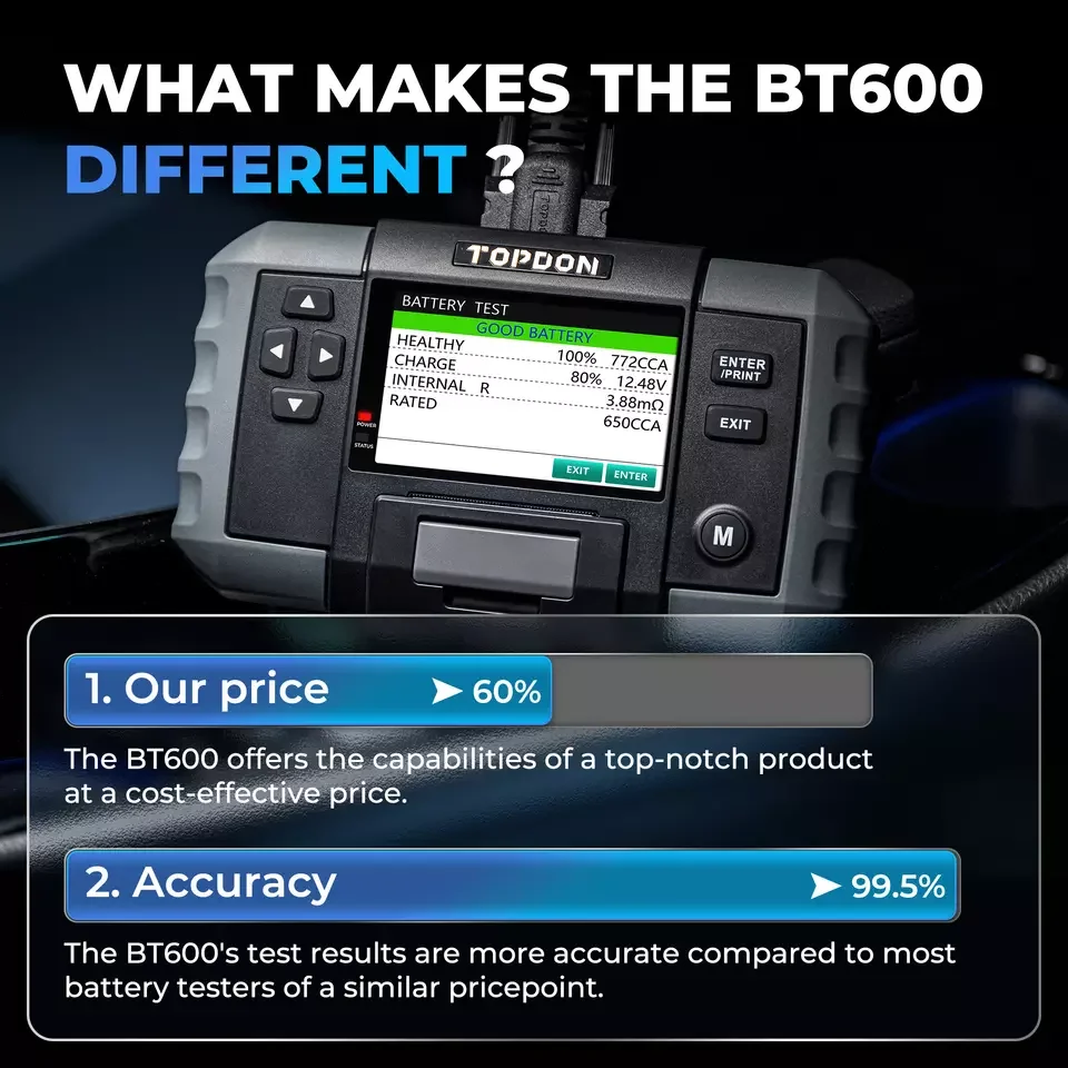 TOPDON-BT600 12V 24V 자동차 배터리 테스터, 납산 차량 분석기 내장 열전사 프린터 자동차 배터리 도구