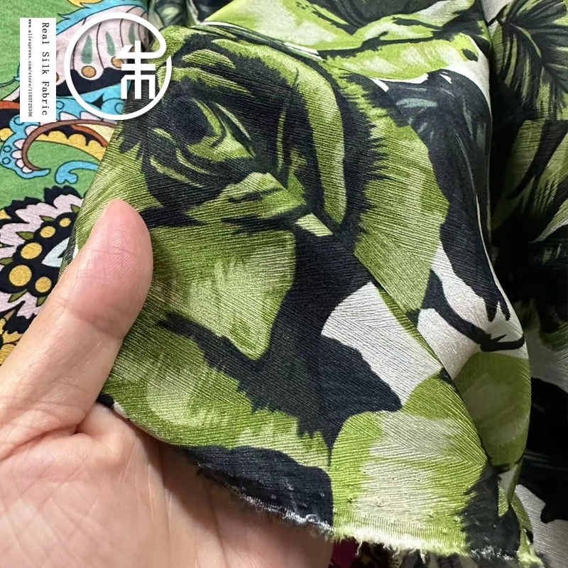 

High Quality Green Rose Heavy Silk Real Silk Designer Cloth 22momme Elastic Drape Summer Dress Clothing Fabric