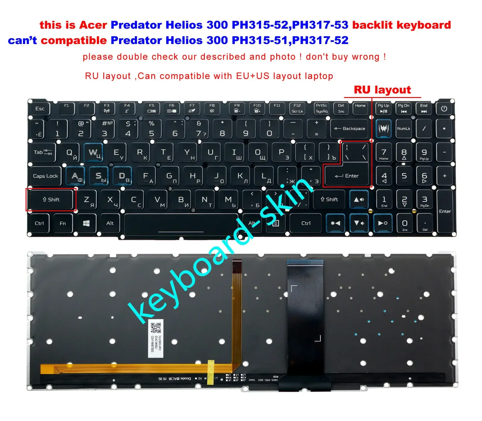 

RU Russian RGB Colorful backlit without frame keyboard For Acer Predator Helios 300 PH315-52 PH317-53 PH317-53-795U laptop