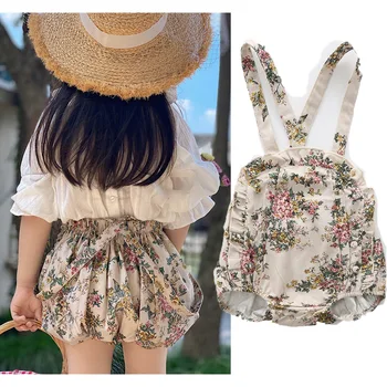 Vintage Floral Girls Overalls Infant Suspender Trousers Kids Strap Shorts Pants Toddler Girls Jumpsuit Children Bodysuits