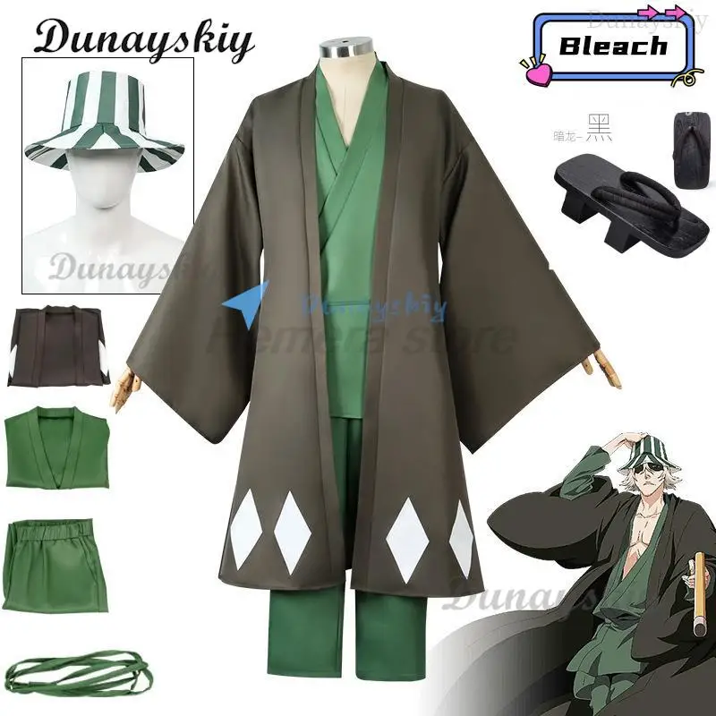 

Anime Bleach Cosplay Urahara Kisuke Costume Halloween Carnival Party Costume Men Women Black Kimono Pants Hat Outfits Clothes