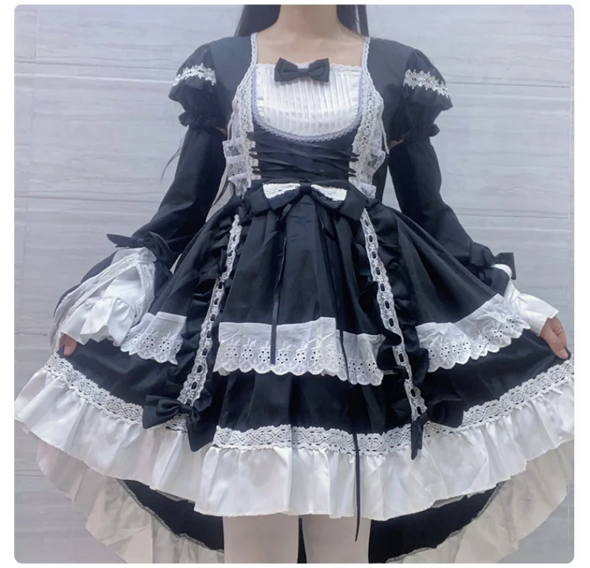 Lolita Tail Swallow Dress Corset Cincher Lace Dress Maid Costume Women Gothic High Low Outfit Cotton Long Hem for Girls lolita dress lolita suspender dress lolita cosplay costumes