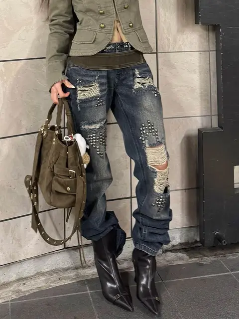 Jeans vintage déchirés Y2K pour femmes, streetwear, style rétro américain, design à rivets et trous, pantalon en denim, style grunge, pantalones 1