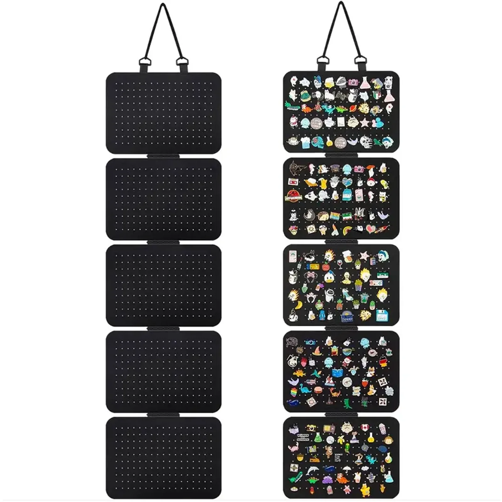 Black Hanging Felt Pin Display Panels with hanging hooks displaying various pins.