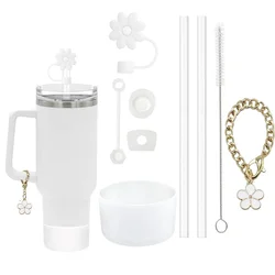 9-Piece Accessories Set with Spill-Proof Stoppers, Decorative Straw Covers, and Cleaning Brush (White)