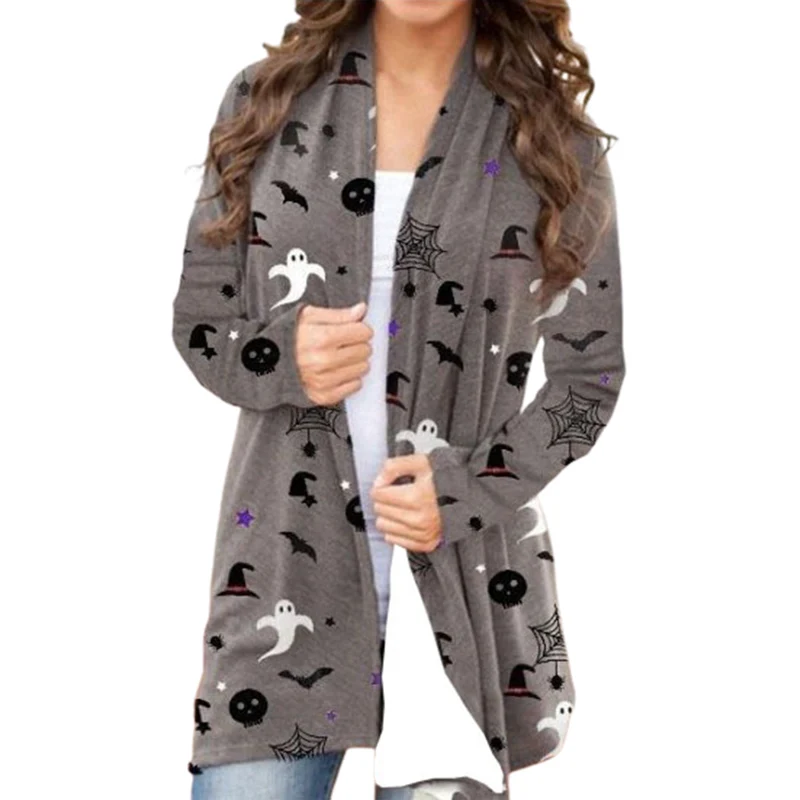 

Halloween Theme Cartoon Patterns Cardigan Sweater Female Autumn Warm Daily Casual Versatile Jumpers Women's Cute Style Long Tops