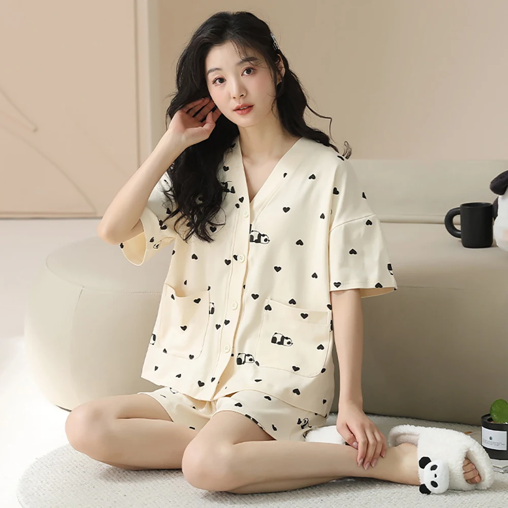 M-2XL 100% Cotton Antibacterial Women's Pajamas Set V Neck Short Sleeve+Shorts 2024 New Summer Japanese Style Soft Sleepwear